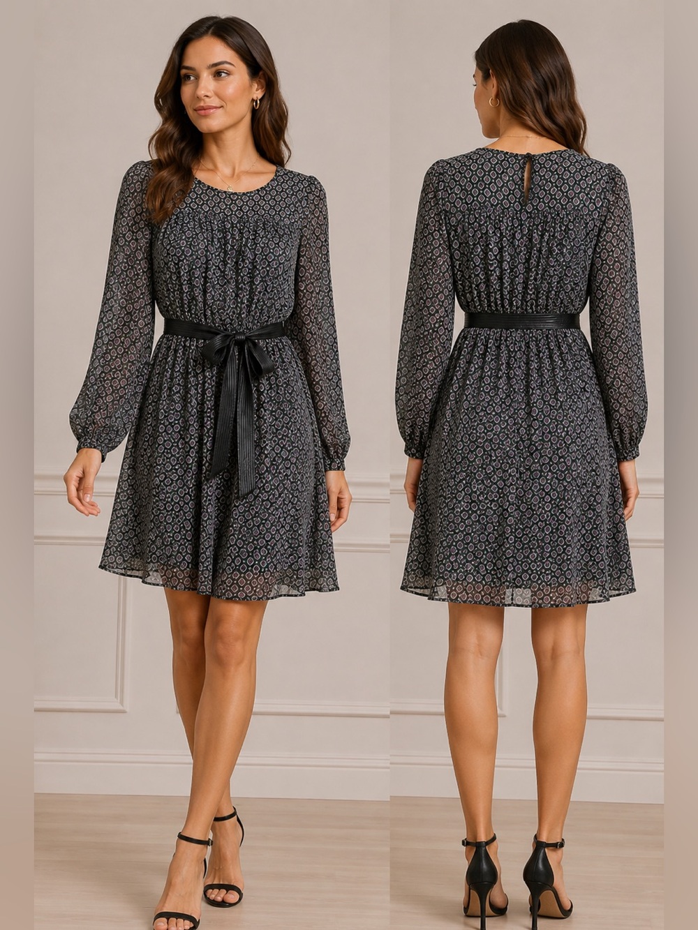 Calvin Klein Dark Green Geometric-Print Long Sleeve Tie-Waist Dress